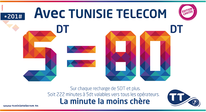 Avec Tunisie Telecom 5 DT = 80 DT