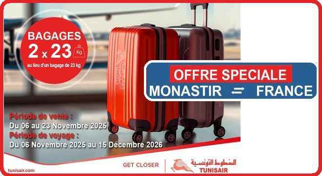Aero-News.org : Voyager l’esprit léger – Tunisair double votre franchise bagages entre Monastir et la France